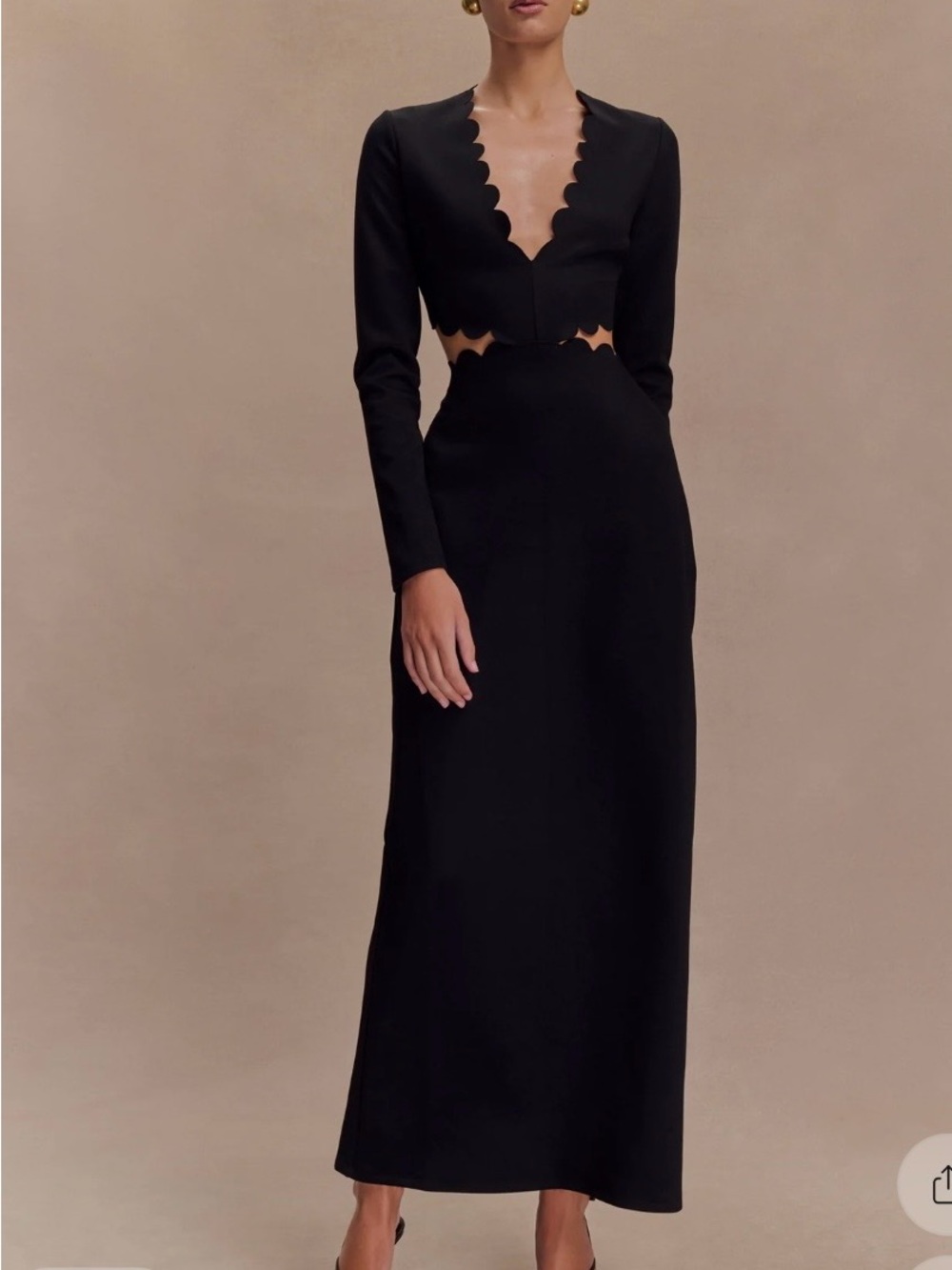 Meshki Black Scallop-Cut Long Sleeve Maxi Dress